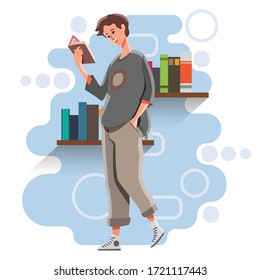 Niño de pie leyendo un libro. Estudiando de vuelta a la escuela. Vector e ilustración