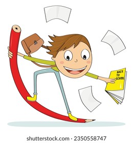 Niño de pie montando un gran libro de cartón volador yendo a la escuela. Ilustración vectorial.