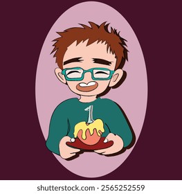 boy standing right and holding a big sweet cake with ONE number candle on it celebrating New year 2025