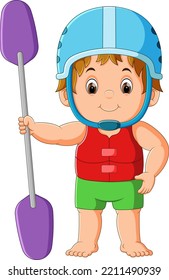 The boy is standing with the safety lifebuoy and holding the paddle of illustration