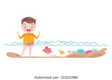 boy standing in the sea underwater coral and fish