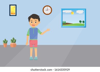 A boy standing and showing Day time outside the window