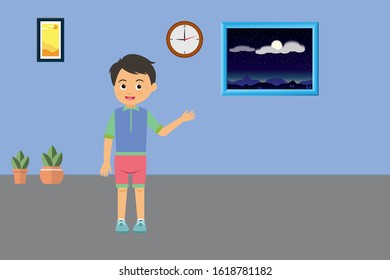 A boy standing and showing night time outside the window