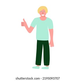 Boy standing and showing positive emotions with thumb up gesture, approval sign, flat vector