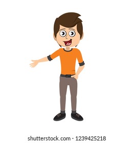 boy standing showing something, with hand in his pocket cartoon character vector illustration