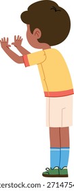 Garoto de pé lateralmente com mãos levantadas batendo palmas, usando shorts e meias de joelho no sombreamento de desenho animado limpo. Celebração, aplausos, apoio, aprovação e encorajamento. Ilustração de vetor de desenhos animados.