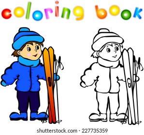 Boy standing with skis coloring book. Vector illustration for children