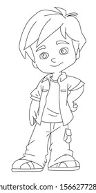 A boy standing smiling and happy - coloring page