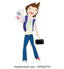 Boy standing smiling with tablet and letters in his hands