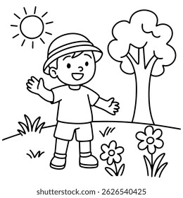 Menino em pé em um cenário de verão com sol brilhante e árvores floridas, desenhado em um estilo simples de linha preta e branca para atividades de coloração das crianças