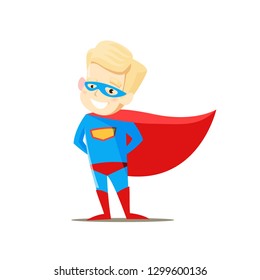 Boy standing in superhero costume on white background. Vector illustration.