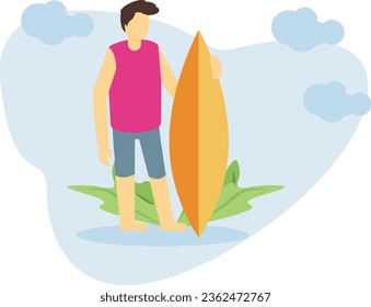 Un niño parado con una tabla de surf.