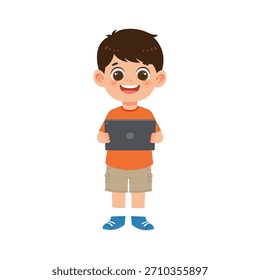 Niño de pie con la tableta y sonriendo con confianza para la actividad de aprendizaje digital