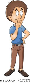 Junge, die mit einem gedanklichen Karikatur stehen