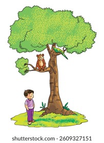 A boy is standing under a tree, monkey and parrot are sitting