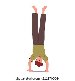 Boy Standing Upside Down Isolated On White Background. Little Child Fooling, Fun And Rejoice. Preteen Kid Male Character Handstand Position, Hyperactive Youngster. Cartoon People Vector Illustration
