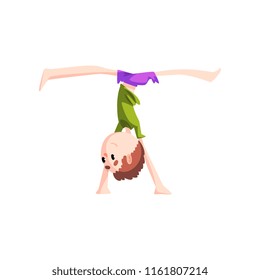 Boy standing upside down on his hands practicing capoeira movement, kid character doing element of martial art, capoeira dancer pose vector Illustration