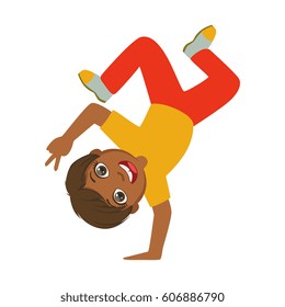 Boy Standing Upside Down On One Hand Dancing Breakdance Performing On Stage, School Showcase Participant With Musical Artistic Talent