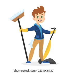 Boy standing with vacuuum cleaner and mop. Happy child doing domestic work. Housework concept. Isolated vector illustration in cartoon style