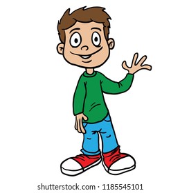 niño de pie y ondeando caricatura dibujada a mano doodle aislado en blanco