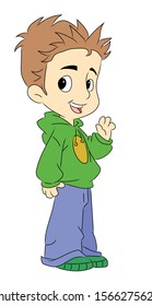 A boy standing waving his hand