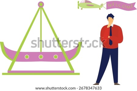 A boy stands in awe before the Dragonfly swing, marveling at its height and colorful wings.