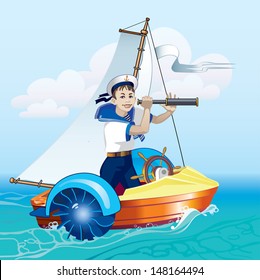 A boy stands in a boat looking through a telescope. Water amusement. Boat trip.