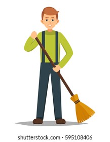 boy stands with a broom right hand vector illustration of isolated layers on a white background.cleaner roads, streets, and parks in working clothes with a broom in hand