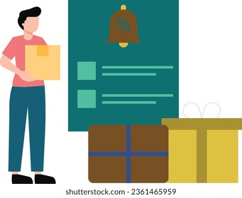 A boy stands with a delivery parcel.