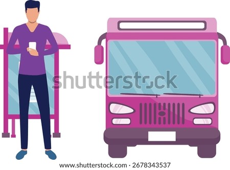 A boy stands eagerly, waiting outside bus. Impatient, clutching backpack, glancing at watch. Hopeful expression, tapping foot. Eyes scanning street, anticipating arrival