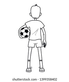 The boy stands with his back with a soccer ball in his hands.Black and white coloring page.