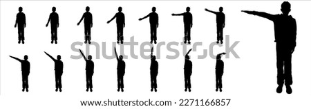 A boy stands with his hand raised, the other hand remains motionless. For motion animation. Children's silhouette of a teenage boy. Front view looking at the camera. Black color silhouette isolated