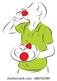 The boy stands and holds a plate with apples in one hand, and with the other hand he brings the apple to his mouth and is going to bite it off.illustration on a theme of a healthy food. Pencil drawing