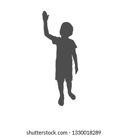 The boy stands and looks up, one hand up. Short-haired head. Silhouette in front of a children.