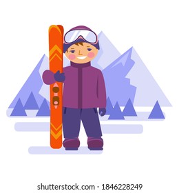 The boy stands with mountain skis on the background of mountains. Vector illustration in flat style. Isolated on white.