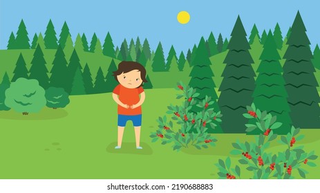 the boy stands near the bushes of wolf berries