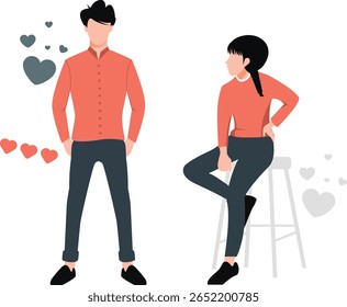 The boy stands near a girl, beside her.