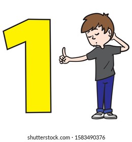 A boy stands next to the number 1 and holds a finger in the air. learn to count, learn, yellow, blue, gray.