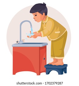 boy stands on a stool and washes his hands under running water, vector illustration,