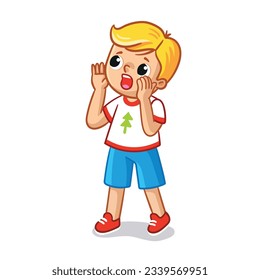 The boy stands on a white front and calls his lost sister. Vector illustration in cartoon style with a child. A game of hide and seek. Echo