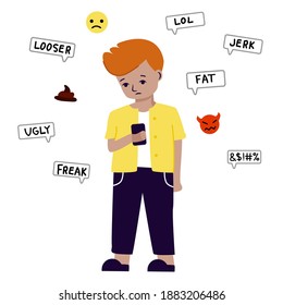 
The boy stands with a phone in his hand. He reads messages from the chat. The messages contain harassment, name-calling and bad words. The boy is sad. Cyberbullying concept
