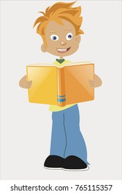 A boy stands and reads a book