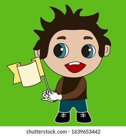 a boy stands, smiles and holds a flag in his hands, color vector emoticon on a green isolated background