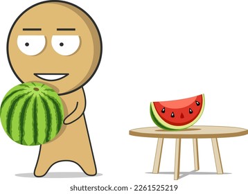 Der Junge steht mit einer Wassermelone neben dem Tisch, auf dem die Wassermelone steht
