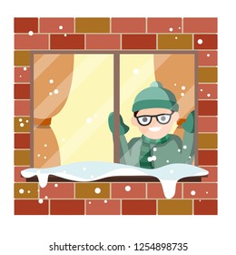 Boy stands at window with winter landscape. Snow on windowsill at home. First snow of season. Child in warm clothes hat and green scarf. Kid Waiting Christmas and new year. Cartoon flat illustration.