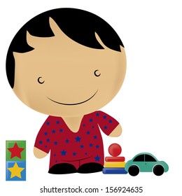 a boy with star pajama playing with his toys
