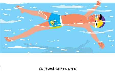 A boy starfish floating in swimming pool. Swimming lesson.