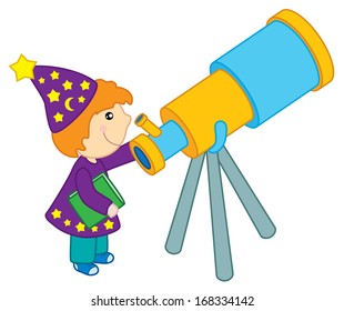A Boy Stargazer with a Telescope