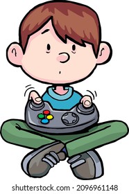 boy staring at a computer and playing a game with a joystick