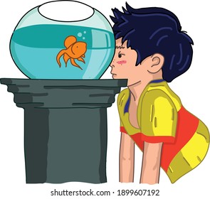 boy staring on gold fish